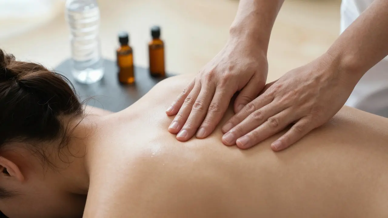 Close-up of a massage therapist's hands applying deep tissue technique to a client's shoulder with oil sheen and natural light.