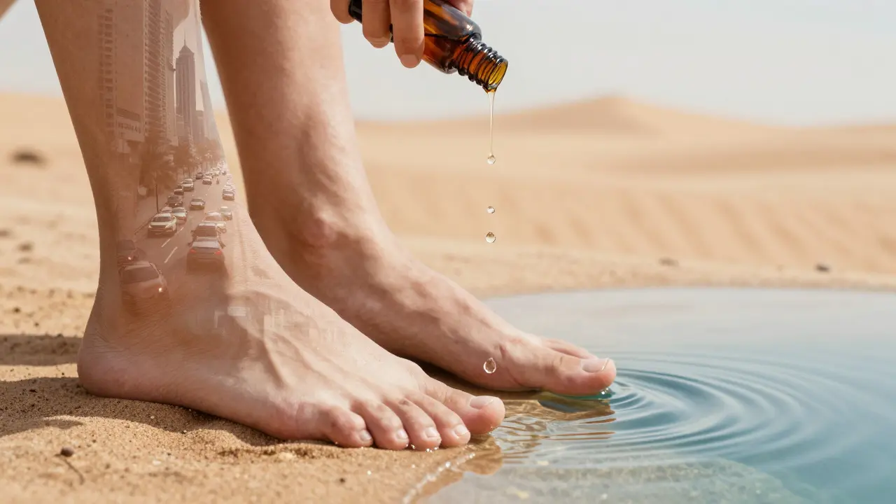 Close-up of feet on warm stones with reflections shifting from city chaos to desert calm.