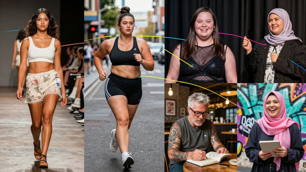 Collage of five authentic Sydney models representing age, body type, disability, culture, and identity.
