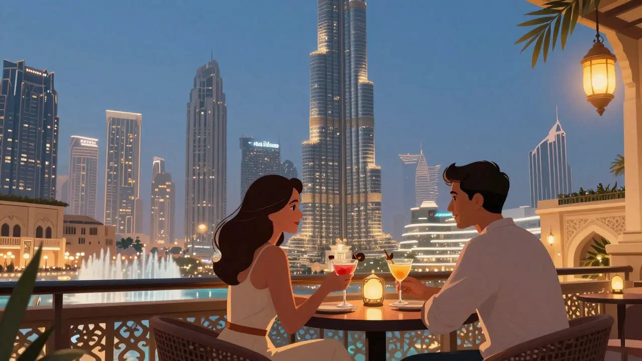 Couples enjoy cocktails on a rooftop bar with the Burj Khalifa glowing in the background.