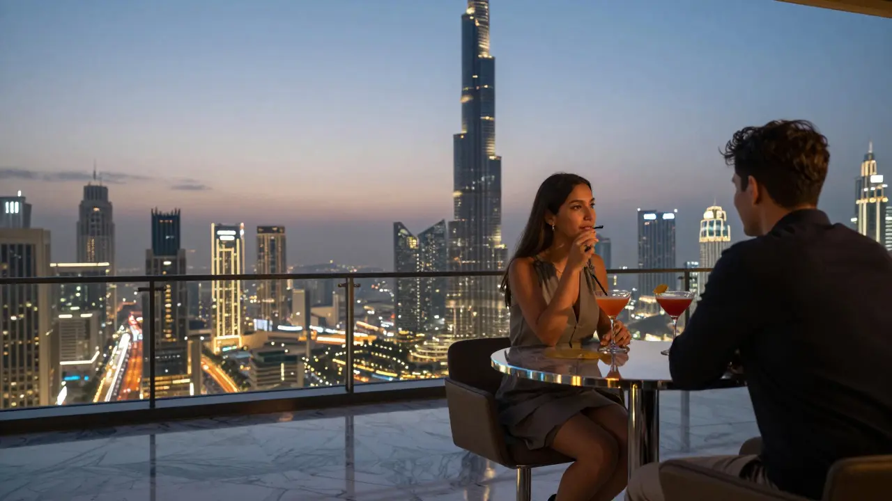 Couples enjoying cocktails with a breathtaking view of Dubai's glittering skyline.