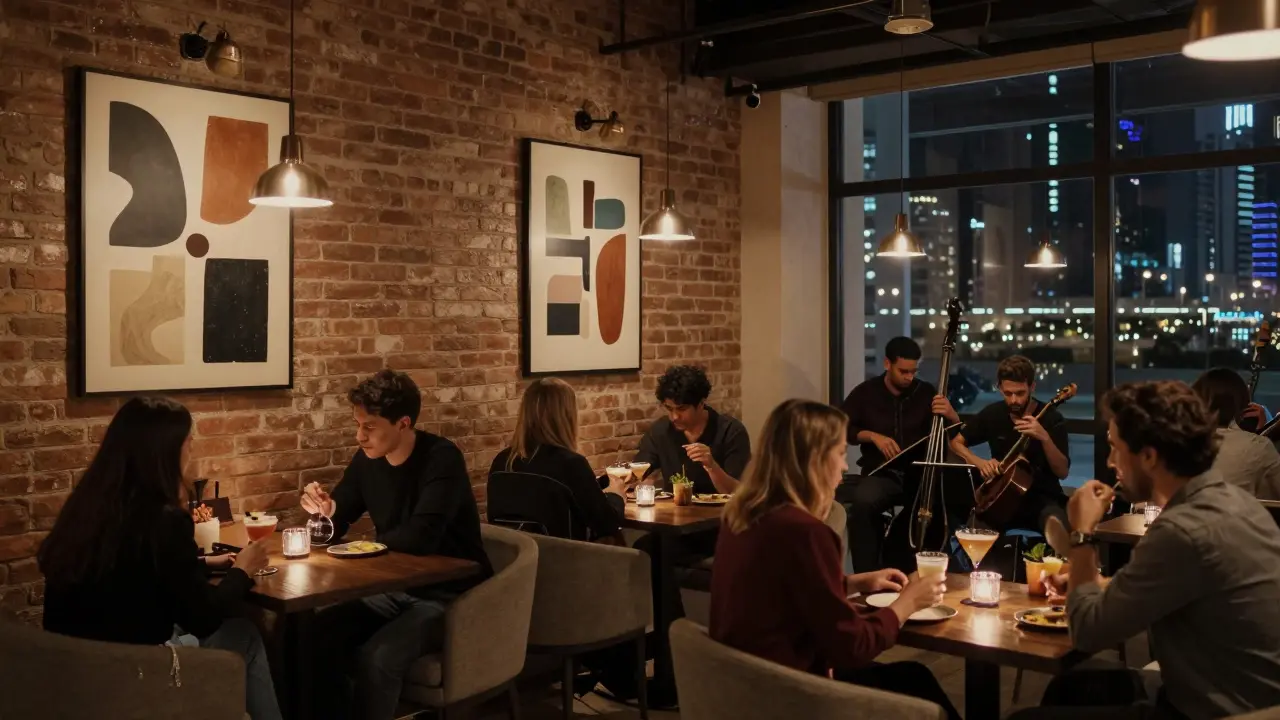Cultured crowd conversing over cocktails at The Observatory with live music and art installations.