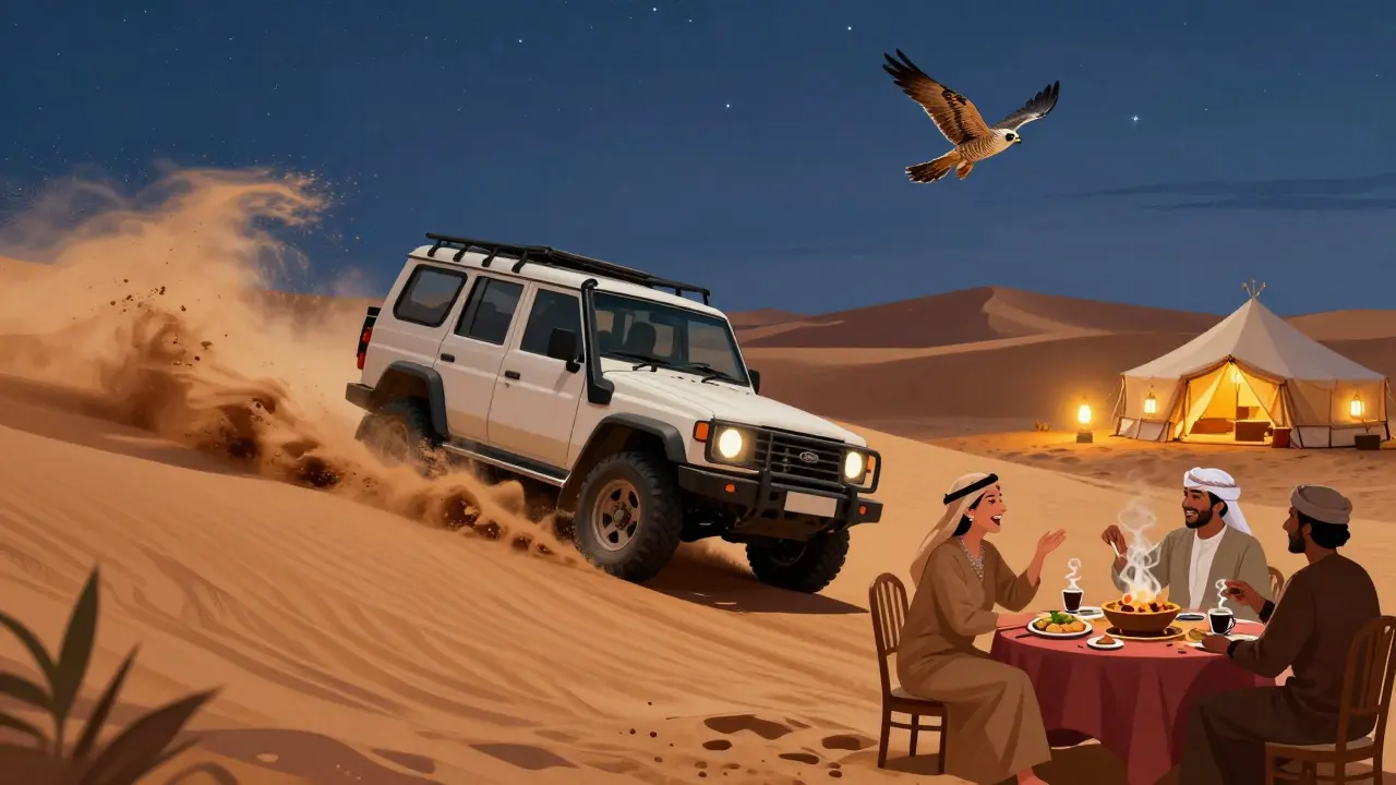 Desert safari at twilight with dune bashing, lantern-lit tents, and a falcon in flight.