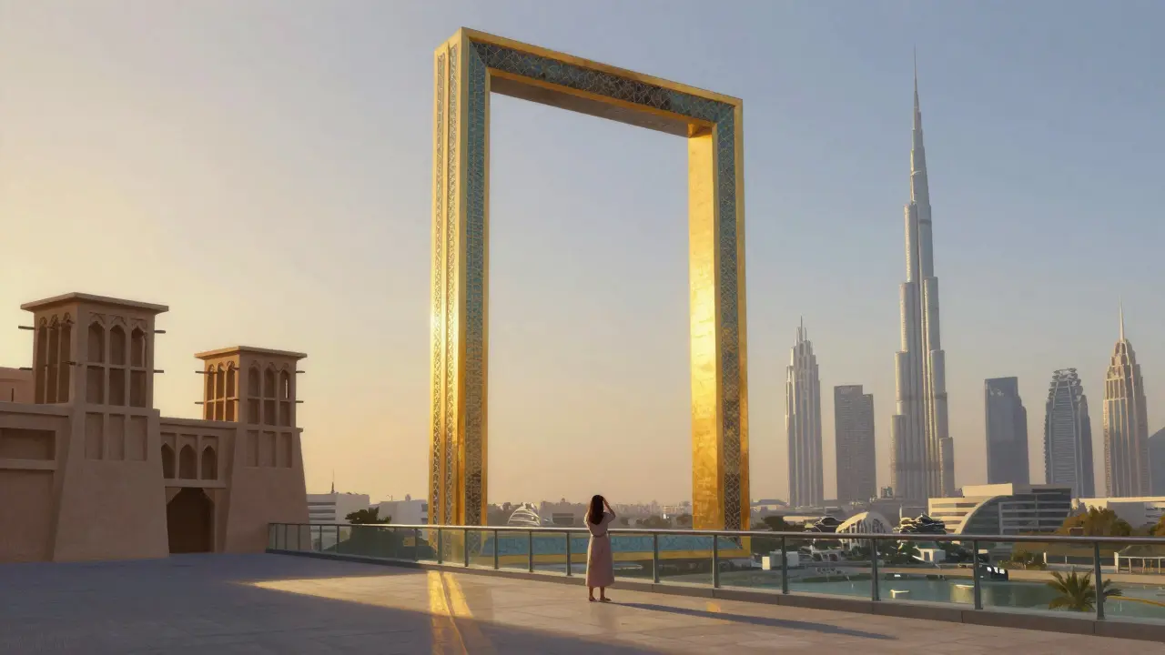 Dubai Frame bridge showing historic old Dubai on one side and modern skyline on the other.