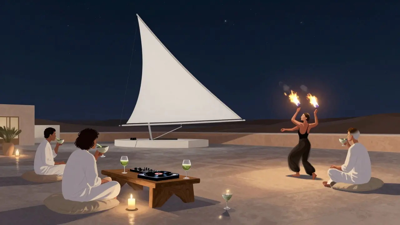 Guests sit quietly on a rooftop amid a white sail and candlelight, listening to live music under the stars.