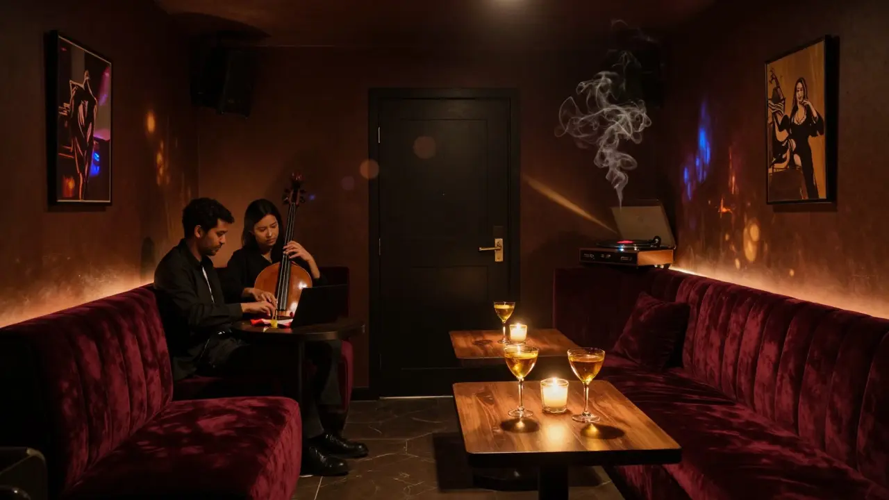 Hidden jazz lounge with velvet couches, live musicians, and warm ambient lighting.
