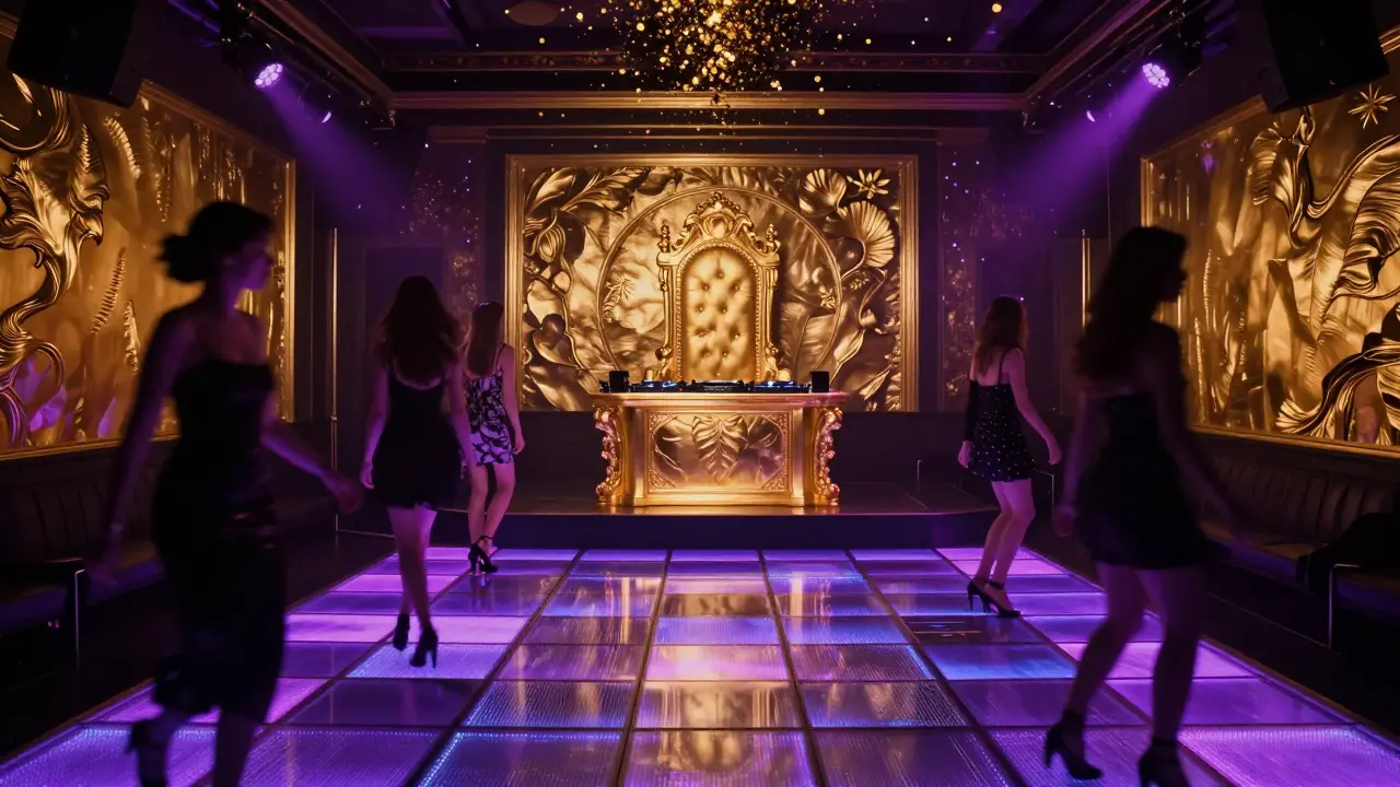 Nightclub with glowing gold-leaf walls and LED dance floor pulsing to music.