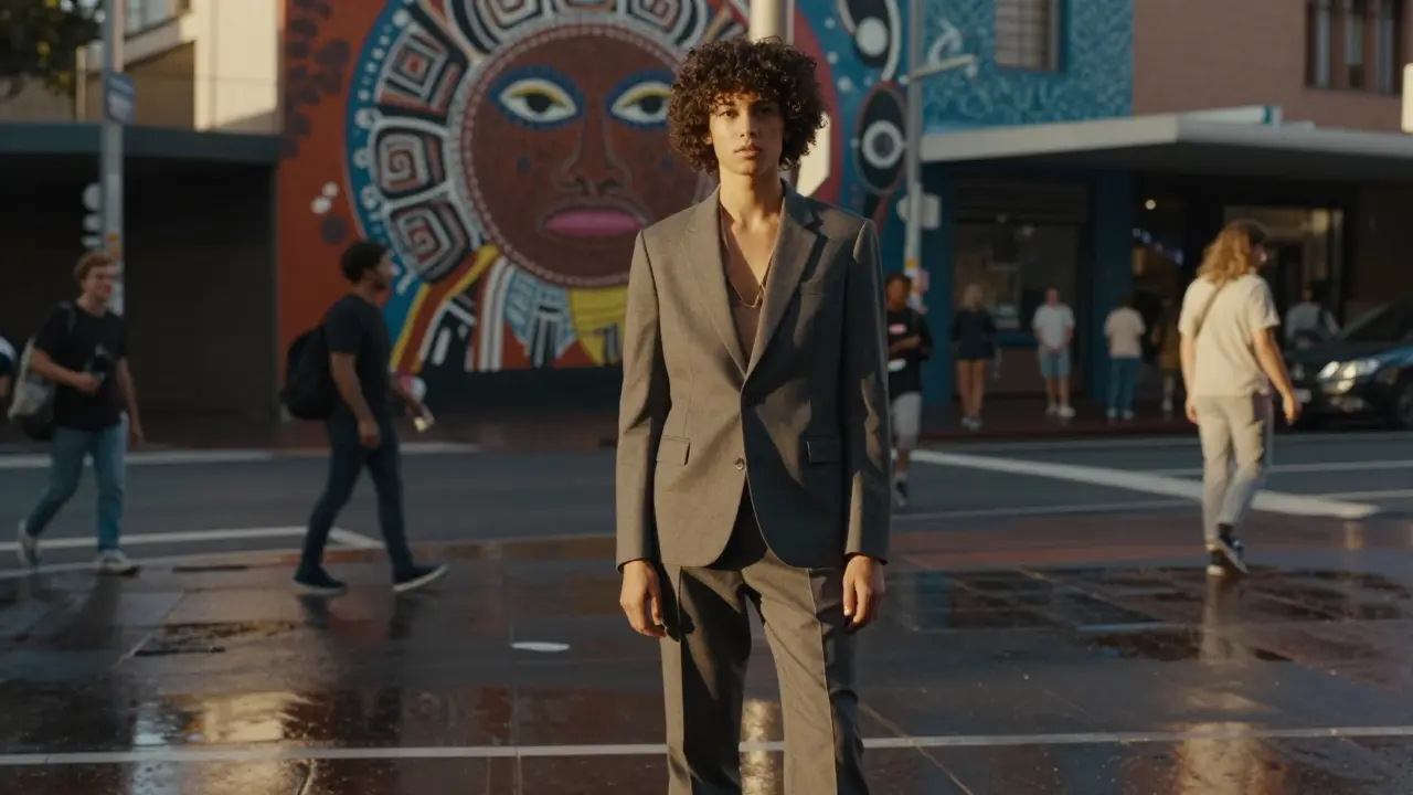 Non-binary model in a tailored suit stands confidently on a Sydney street at golden hour, reflection in wet pavement.