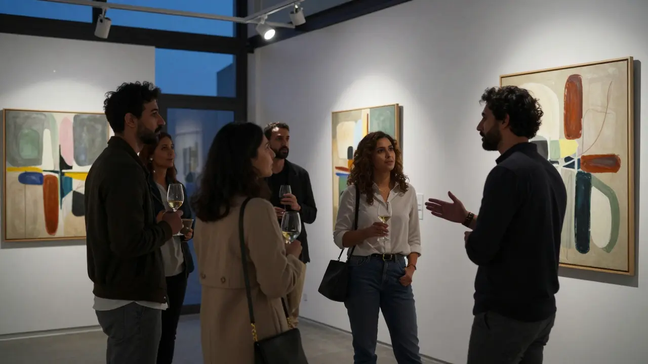 People engaging in thoughtful conversation at an art gallery opening in Alserkal Avenue.