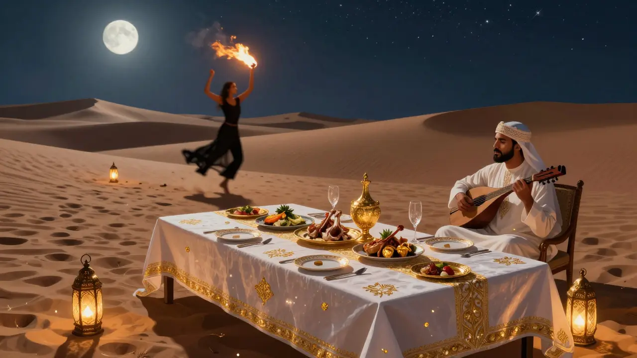 Private desert dinner with gold-threaded table setting and fire dancer under starry sky.