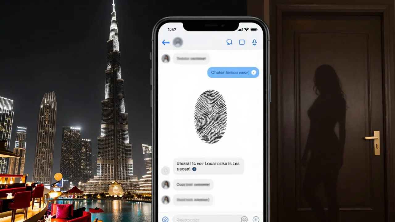 Split image of Dubai's glittering skyline and a hidden encrypted chat, symbolizing secrecy beneath luxury.