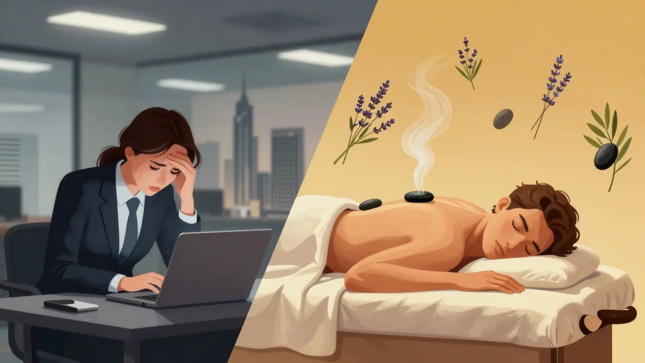 Split image showing a stressed office worker transforming into a relaxed person receiving a massage with calming natural elements.