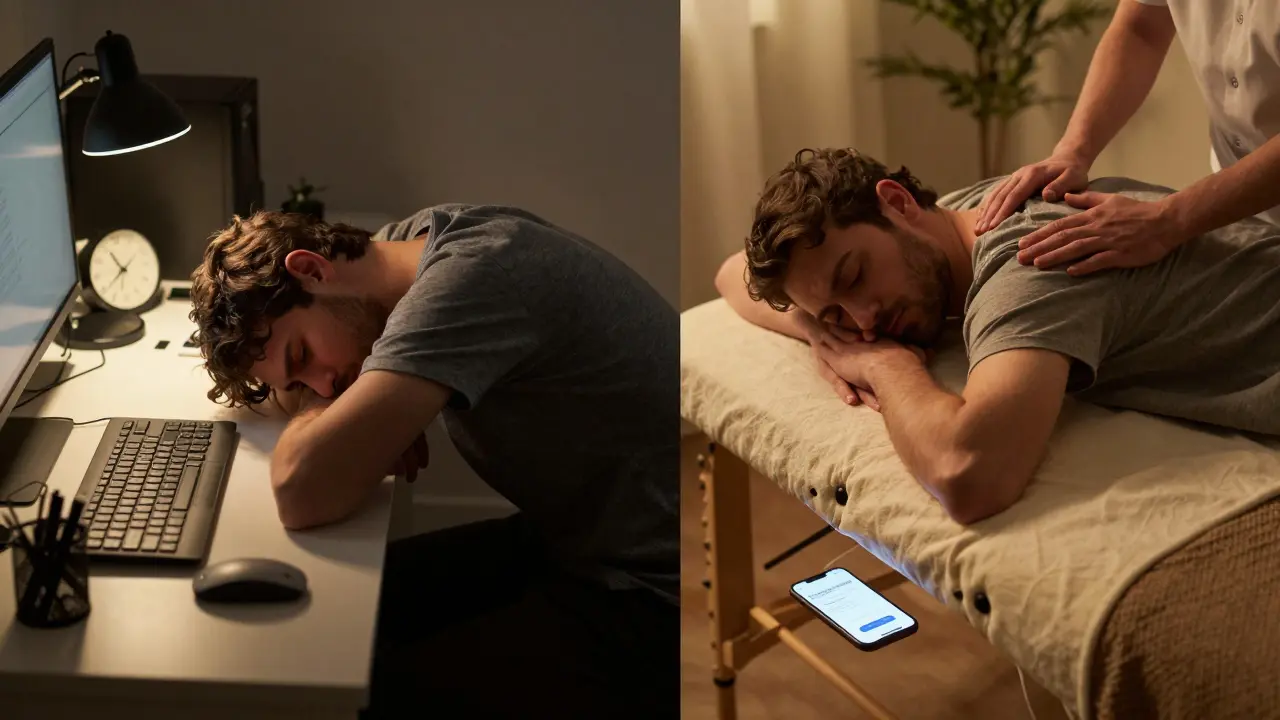 Split image showing stress at work versus deep relaxation at home with professional massage.