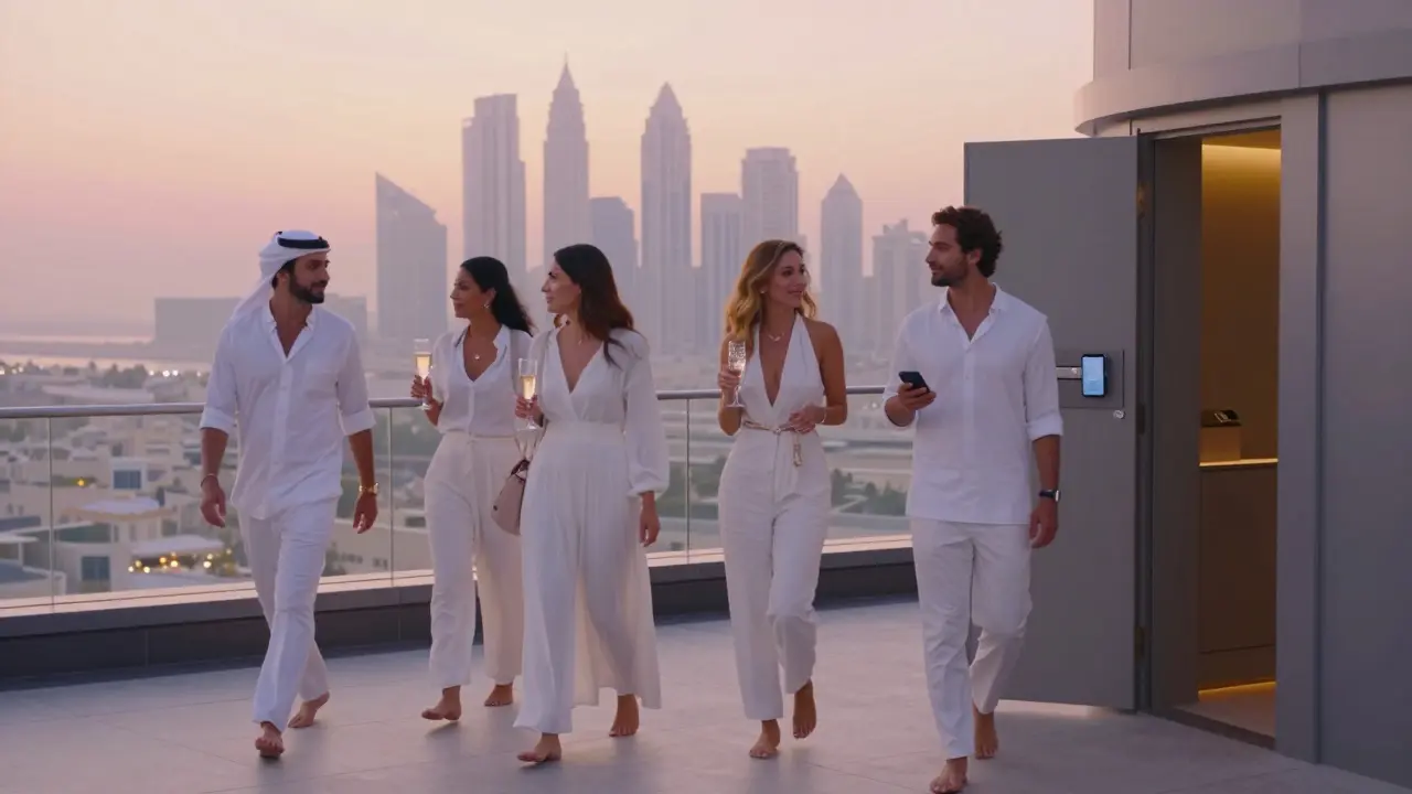 Sunrise over Dubai as last guests exit a rooftop party in white, barefoot and serene.
