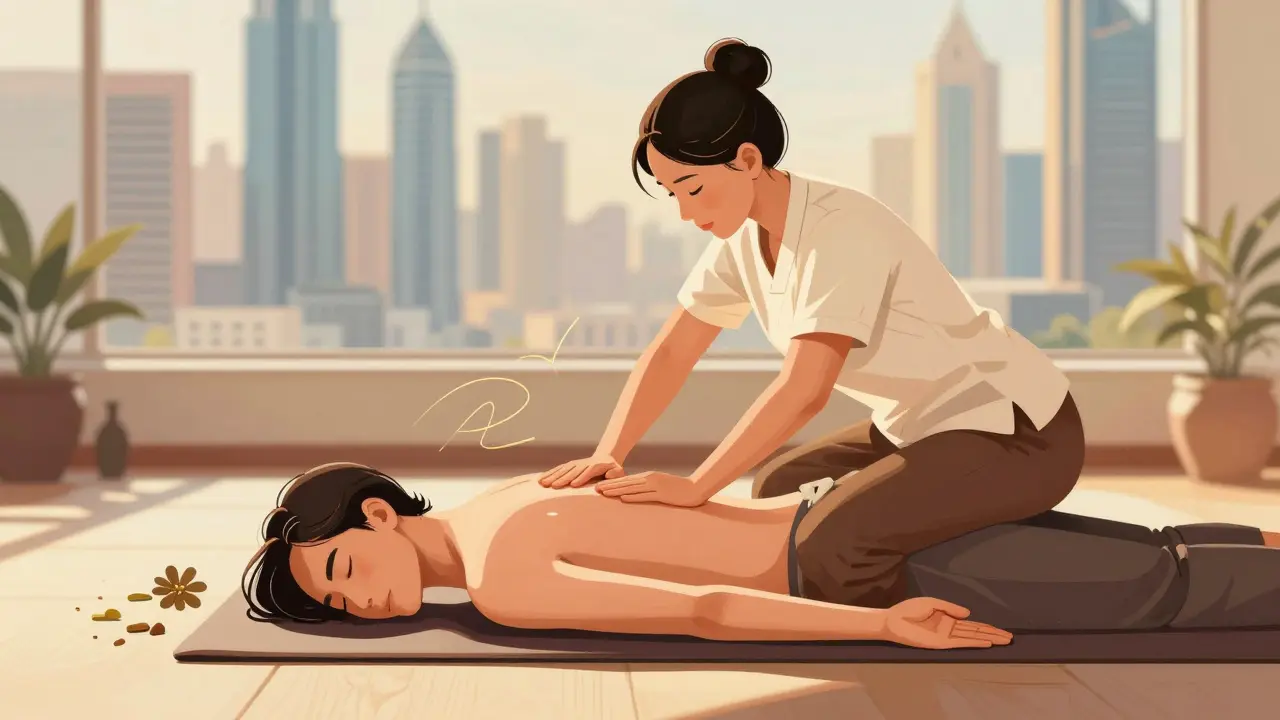 Therapist applying pressure along spine during Thai massage, client relaxed, traditional herbs, Dubai skyline softly blurred in background.