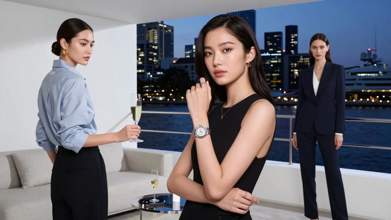 Three professional models in different roles: handing out samples, posing with luxury goods, and standing discreetly by a yacht.