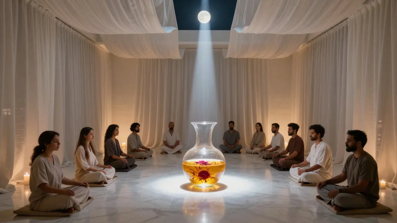 Twelve guests in silence sit on cushions in a white room, moonlight illuminating rosewater in hand-blown glass.