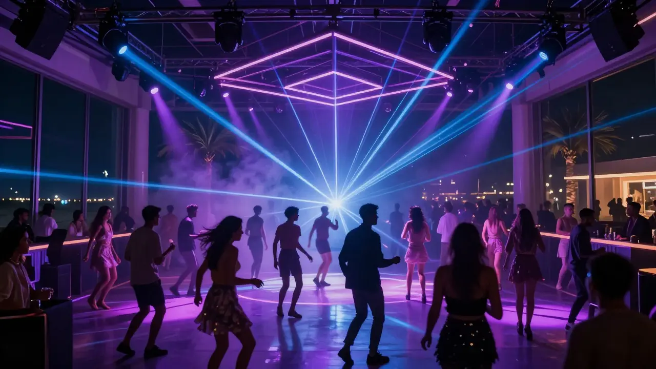 Vibrant nightclub scene with dancers under neon lights and laser beams at White Dubai.