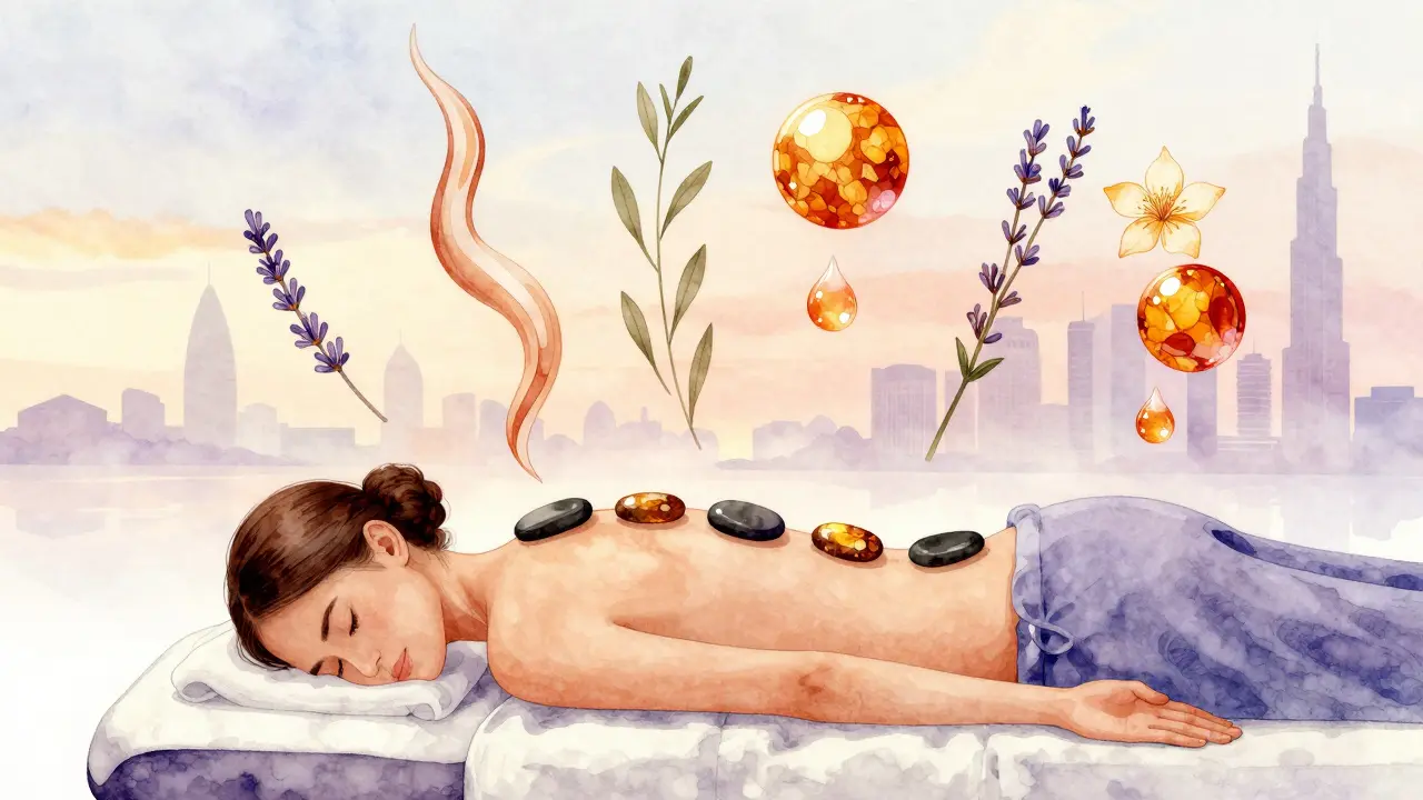 Watercolor illustration showing massage techniques as flowing elements around a relaxed person on a table.