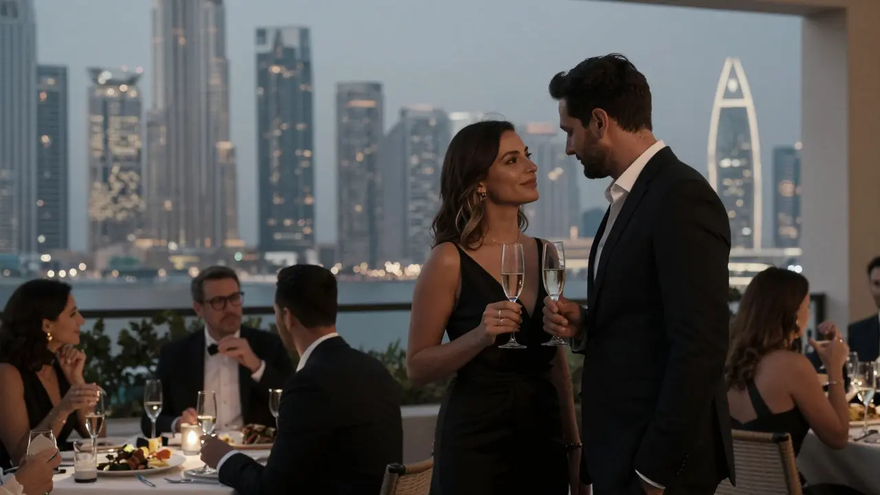 A couple at an elegant private dinner party in Dubai, subtly connecting under the glow of the skyline with other guests in the background.