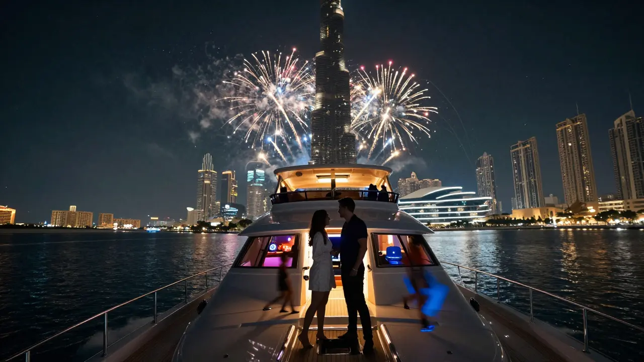 A couple celebrating on a yacht bow as the Burj Khalifa lights up behind them at night.