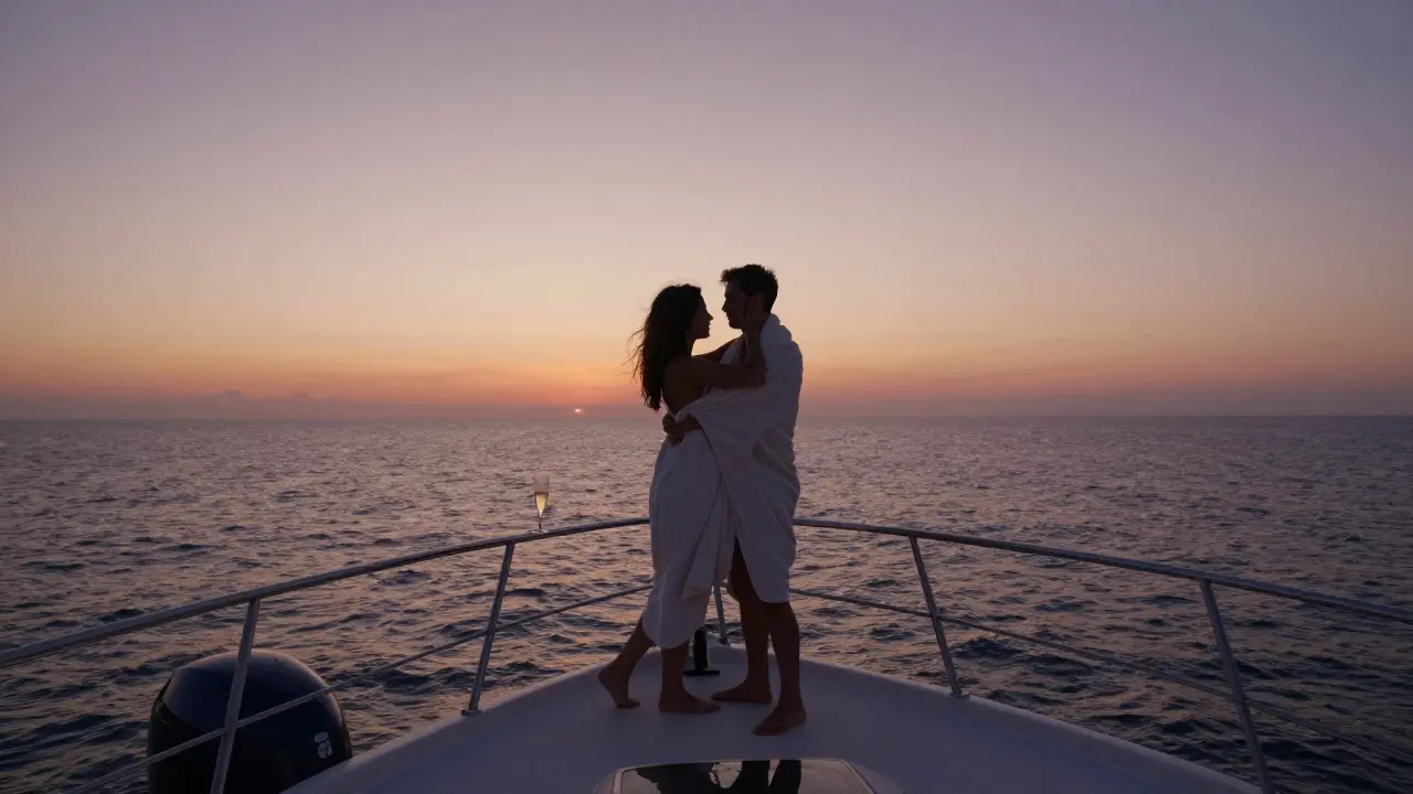 A couple dancing barefoot on a yacht’s bow at sunset, surrounded by endless ocean, with no one else in sight.