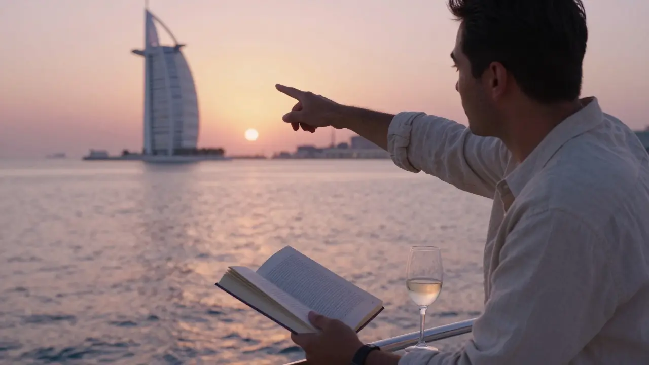 A Euro escort on a private yacht at sunset, pointing to the horizon while discussing art and architecture.