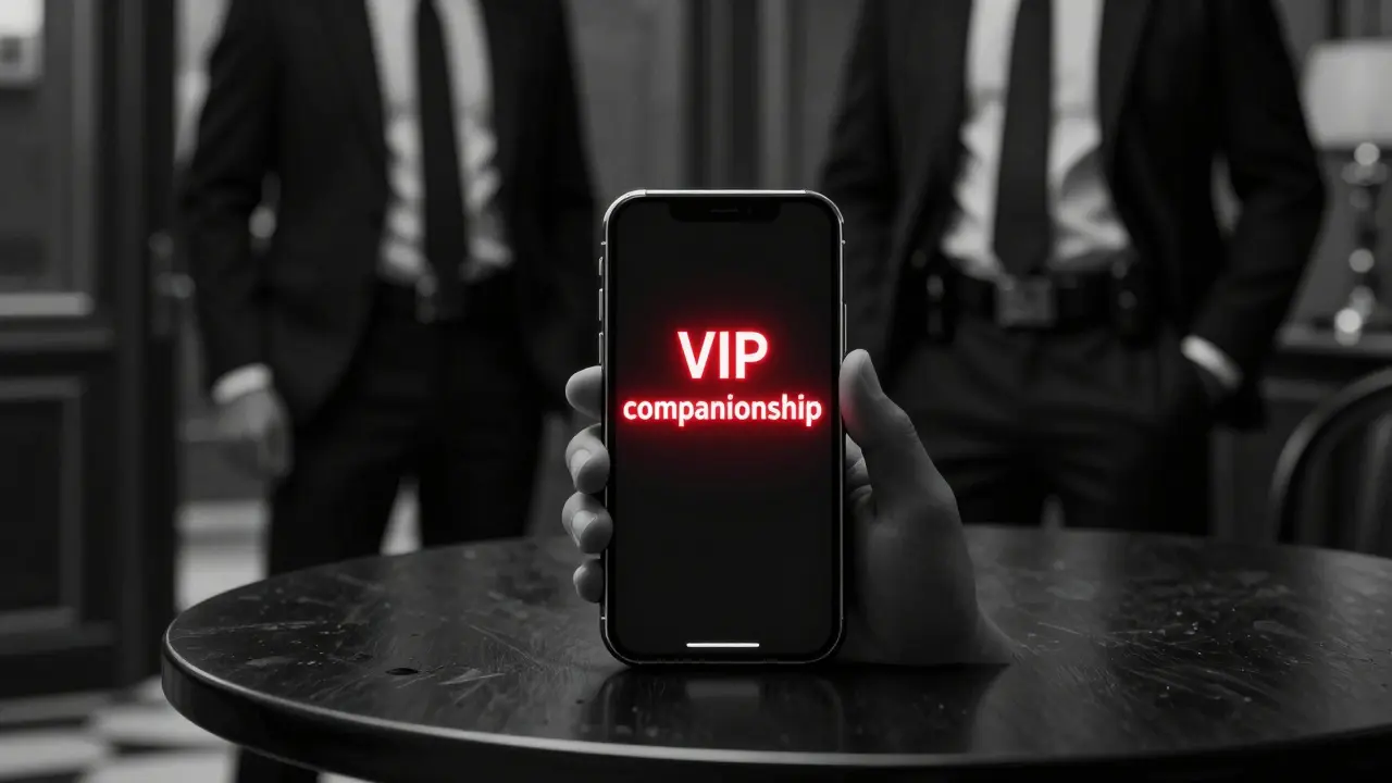 A glowing smartphone screen with a coded message about 'VIP companionship' on a hotel table, watched by a hidden figure.