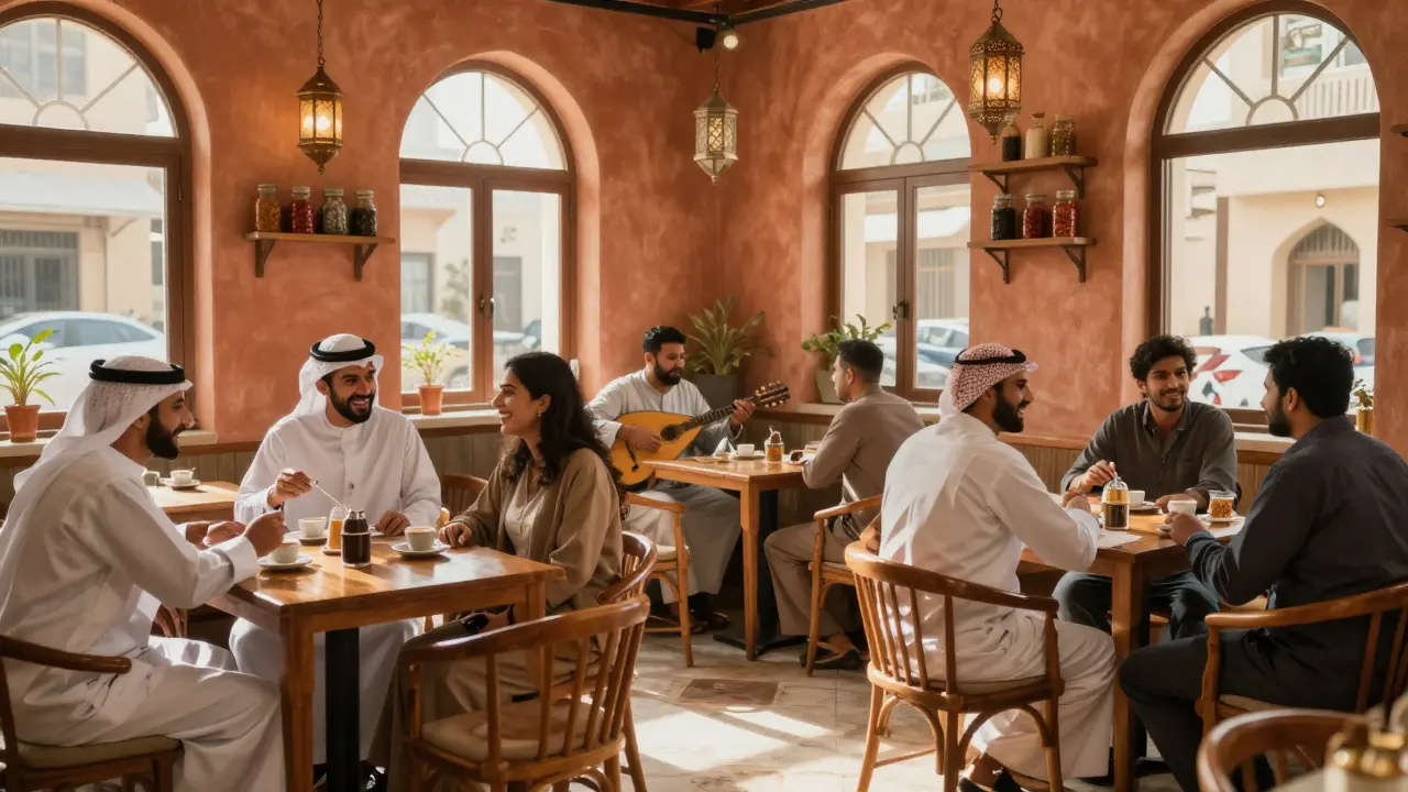 A lively Bur Dubai café filled with people enjoying coffee and live oud music in warm sunlight.
