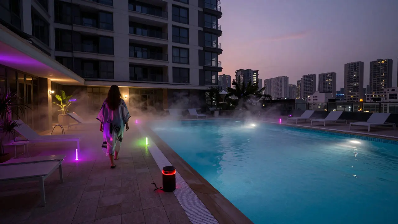 A lone figure walks barefoot beside a nighttime pool venue with fog and glowing floaters, city lights in the background.