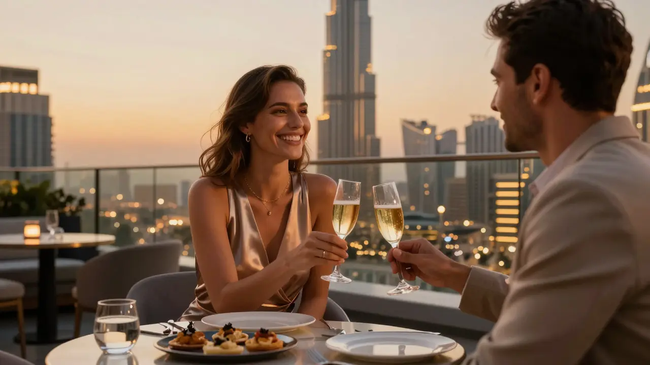 A luxury Dubai rooftop scene with a Euro escort and client toasting at sunset, city lights glowing in the background.