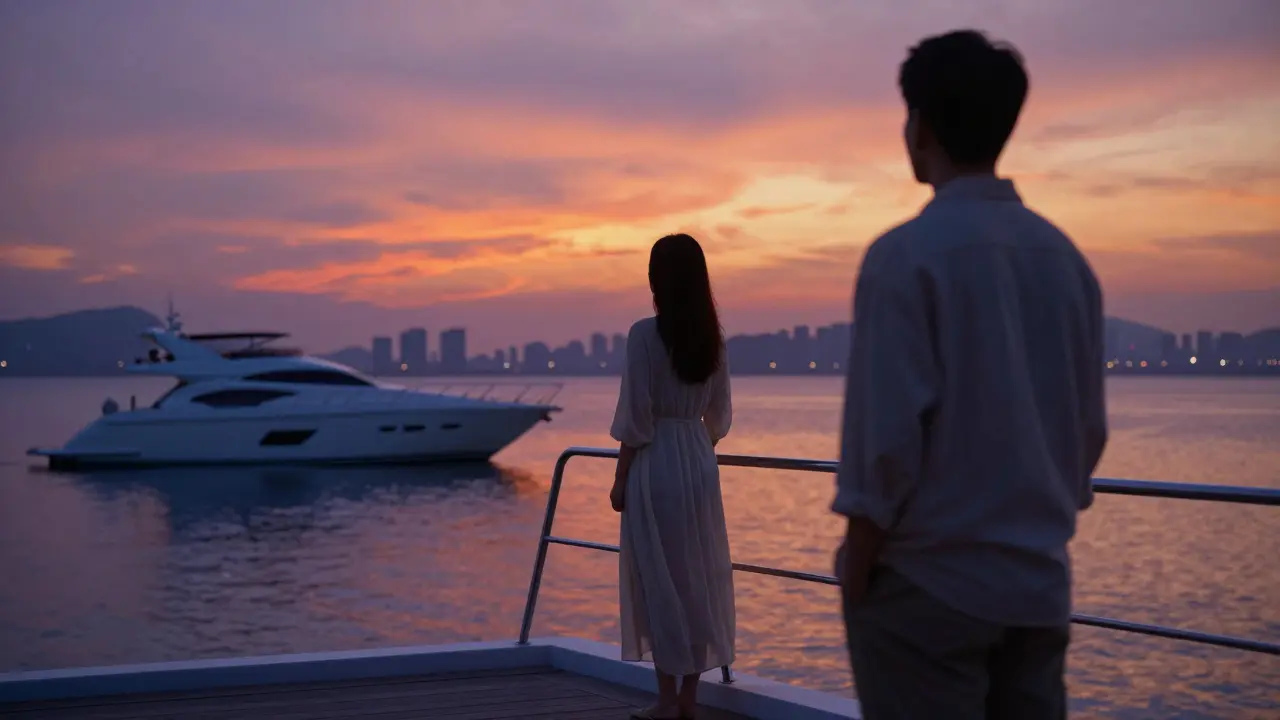 A luxury yacht at sunset, two figures at the rail, gazing at the horizon with quiet connection.