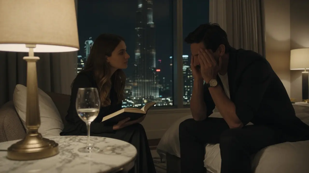 A man sits with his head in his hands in a luxury hotel room as a woman listens quietly, the Burj Khalifa visible through the window.
