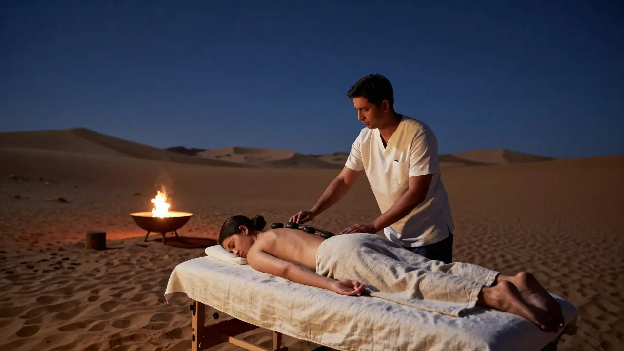 A massage under the stars in a desert spa, with hot stones being applied to a guest's back.