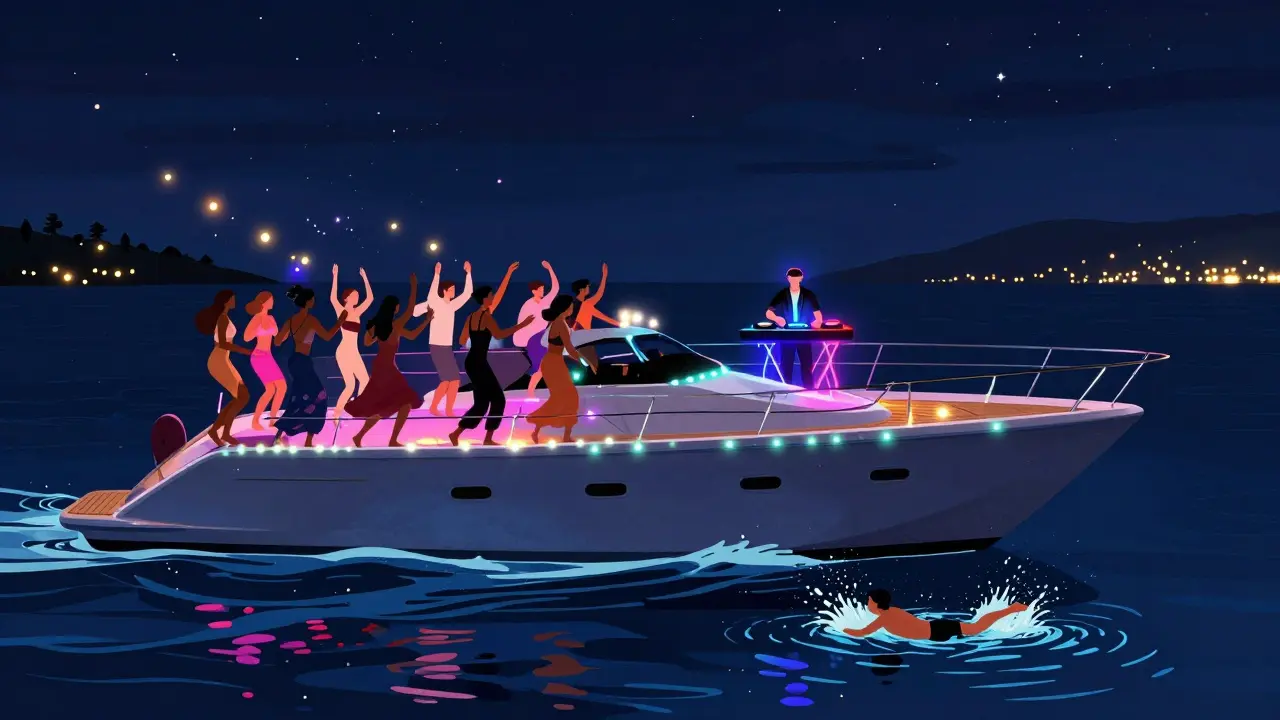 A nighttime yacht party with glowing LED lights, guests dancing on deck under a starry sky, and water sparkling around the boat.