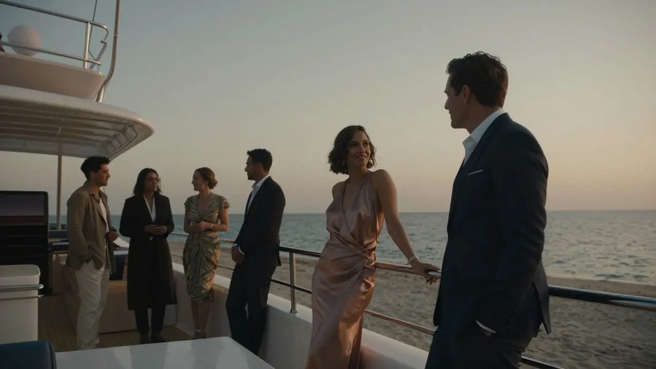 A private yacht gathering at dusk with guests enjoying the Dubai skyline.