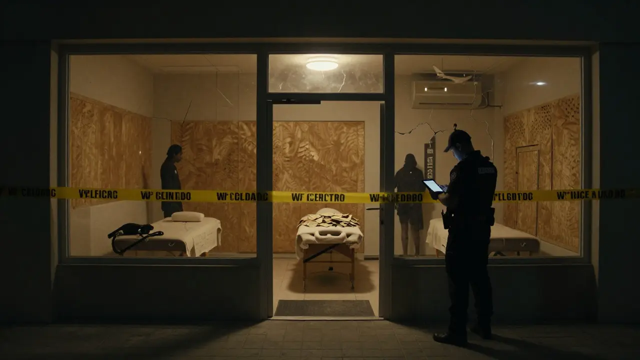 A shuttered spa with police tape outside, empty massage tables inside, as an officer reviews arrest records near a departing traveler.