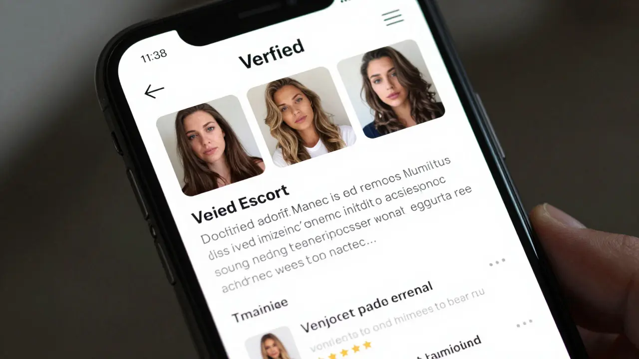A smartphone displaying a verified companionship profile with multiple photos, detailed bio, and authentic client reviews.