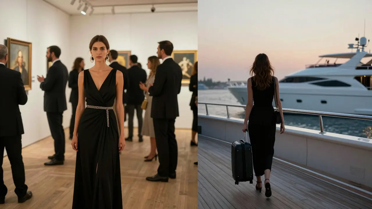 A sophisticated woman in a black dress blends into an art gallery crowd, then walks away from a yacht at dawn.