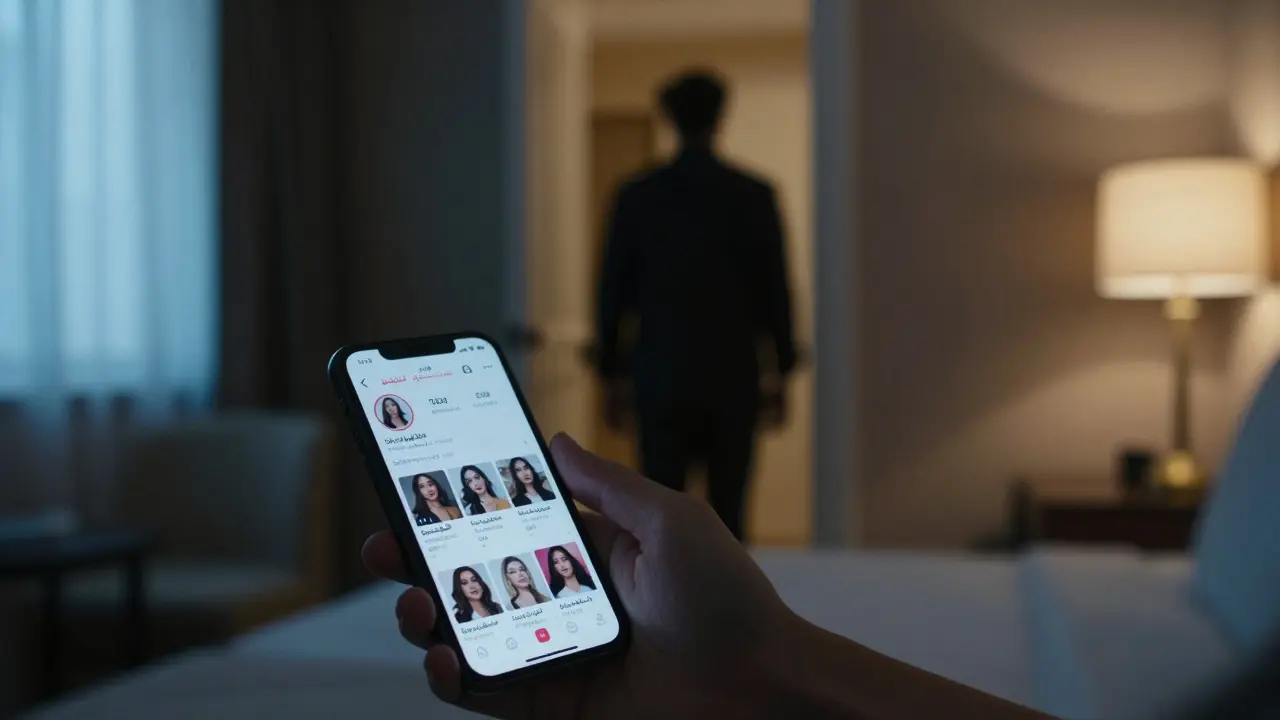 A tourist looking at a smartphone displaying fake escort ads in a hotel room, with a shadowy figure nearby.