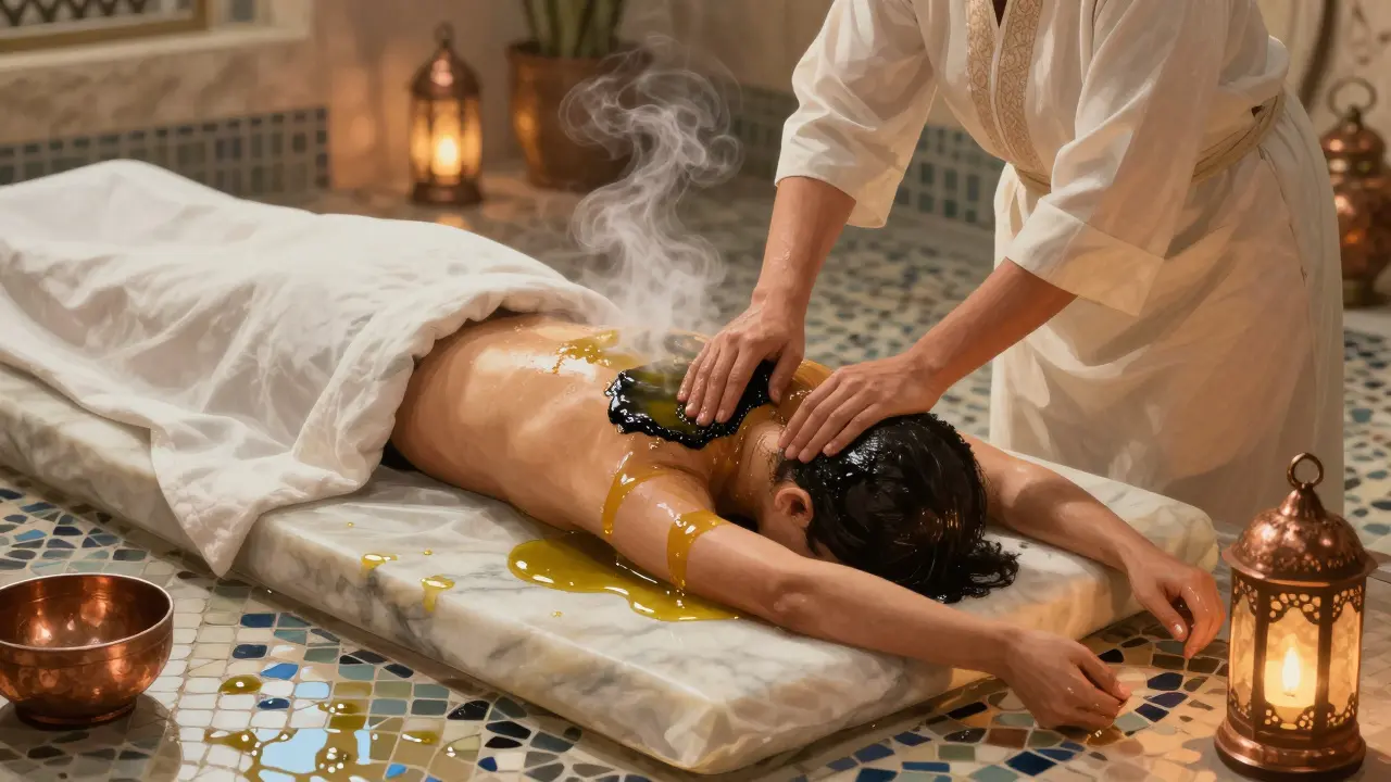 A traditional Arabic Hammam ritual with steam, marble, and olive oil scrub in a serene bathhouse setting.