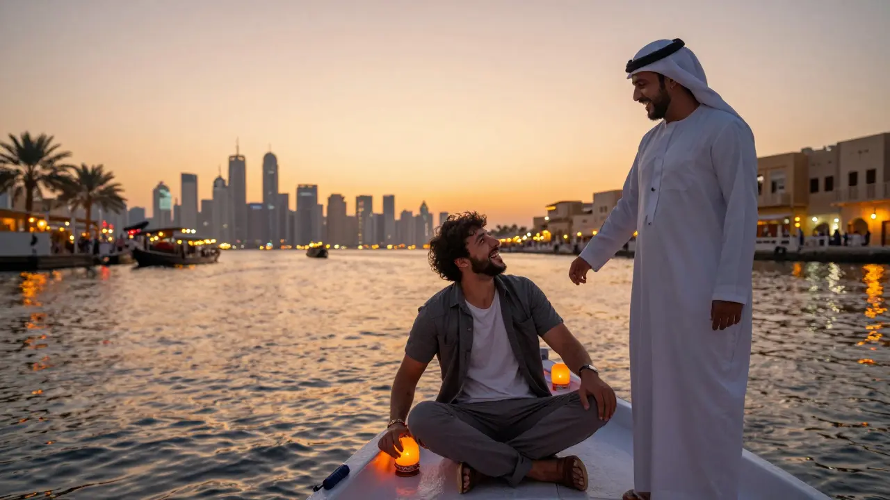 A traveler enjoying a sunset dhow cruise with a local guide, lanterns glowing on the water under a glowing skyline.