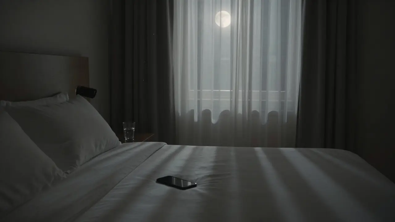 An empty hotel room in Bur Dubai with a discarded phone and moonlight casting quiet solitude.