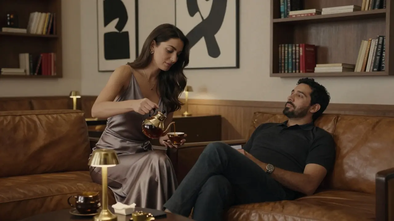 An intimate lounge setting in Dubai with a woman pouring tea, atmosphere of calm elegance and trust.