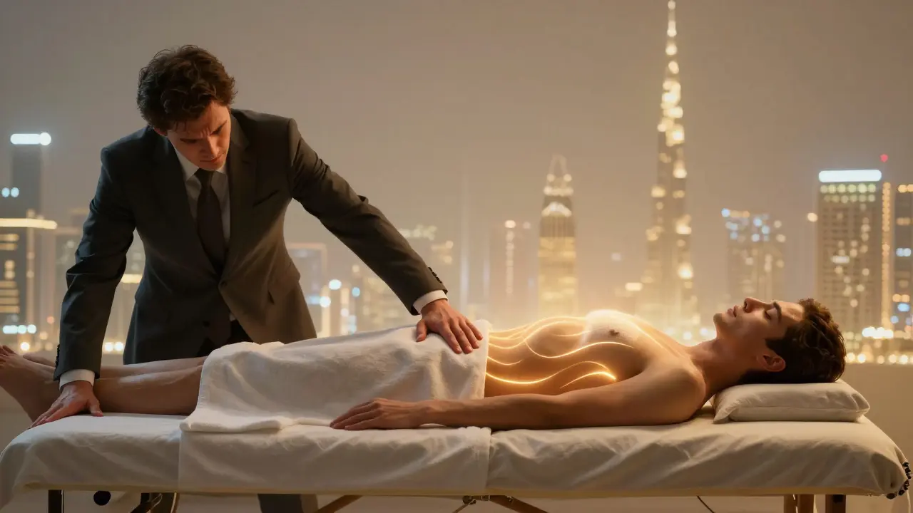 Before and after transformation: stressed traveler turned peaceful, with glowing energy symbolizing relief from tension.