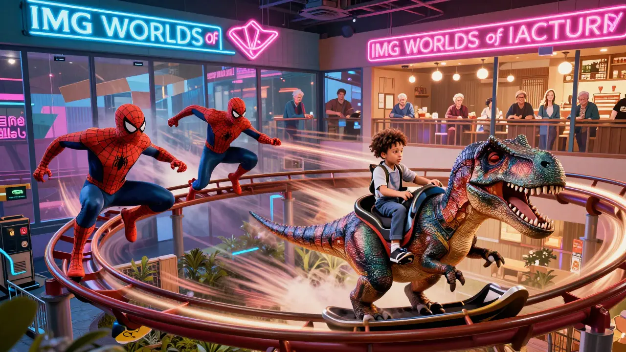 Comic book style scene of family members enjoying different attractions inside IMG Worlds of Adventure: rollercoaster, 4D ride, and food court.