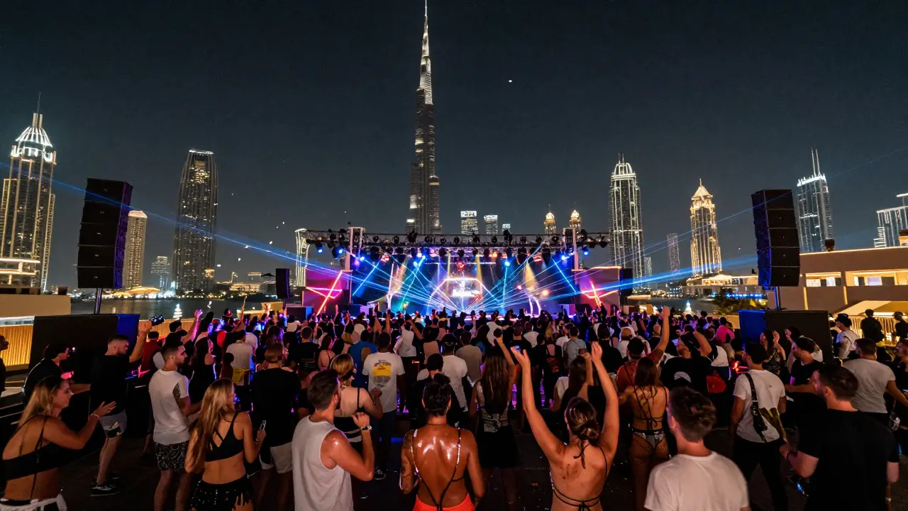 Crowd dancing under lasers and city lights at White Dubai's rooftop nightclub.