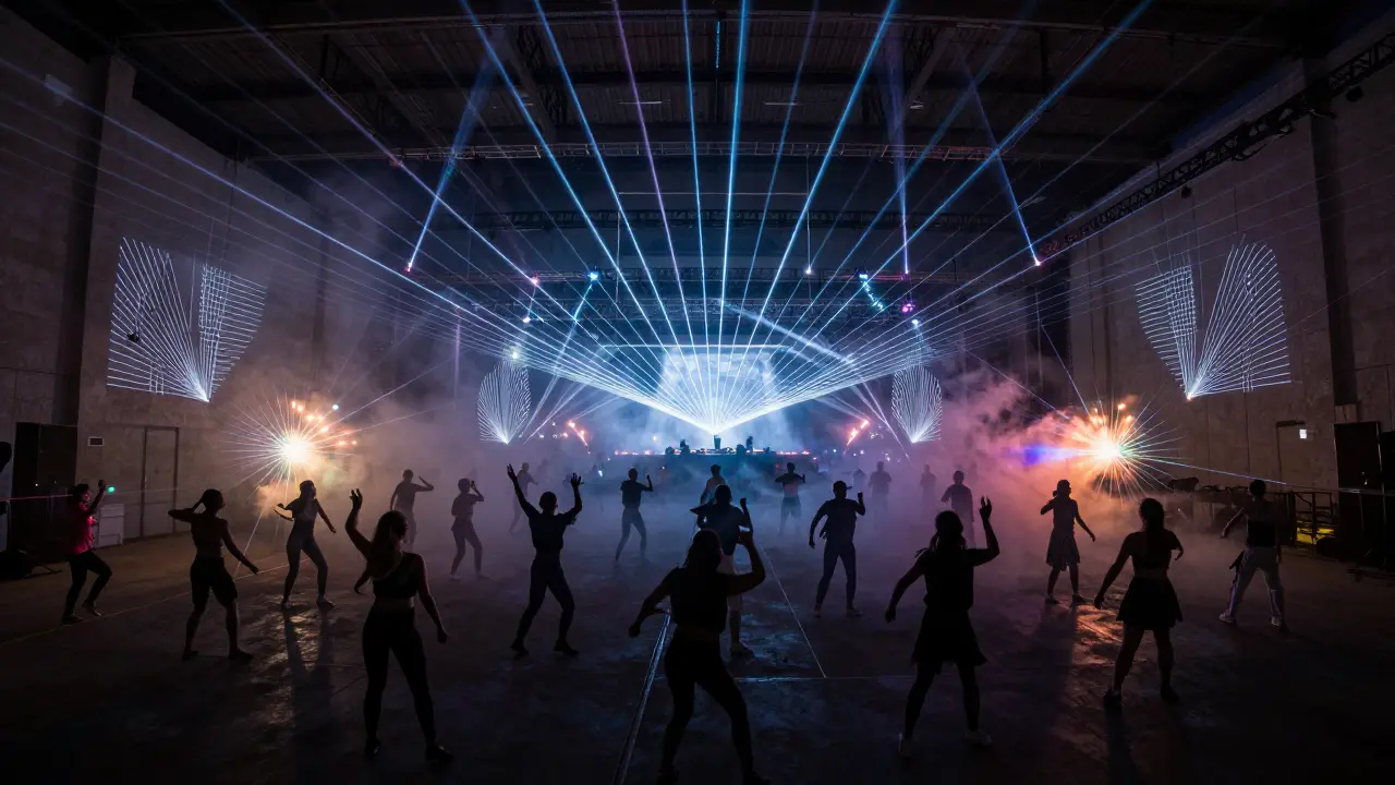 Dancers in a warehouse club surrounded by synchronized laser beams and neon light bursts, smoke filling the air.