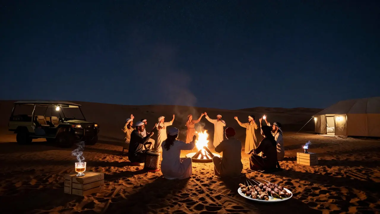 Desert camp at night with guests dancing around a fire under a starlit sky.