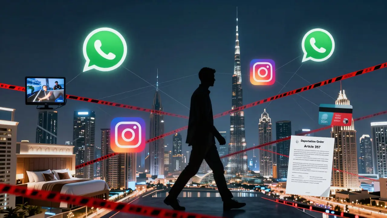 Digital network of messaging apps and financial transactions linked to legal penalties, overlaid on Dubai’s skyline with warning signs.